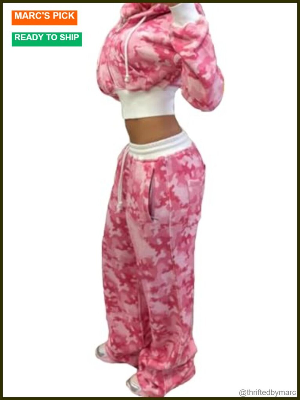 Womens 2 Piece Camo Sweatsuit Set Crop Zip Up Hoodie Wide Leg Sweatpants Track